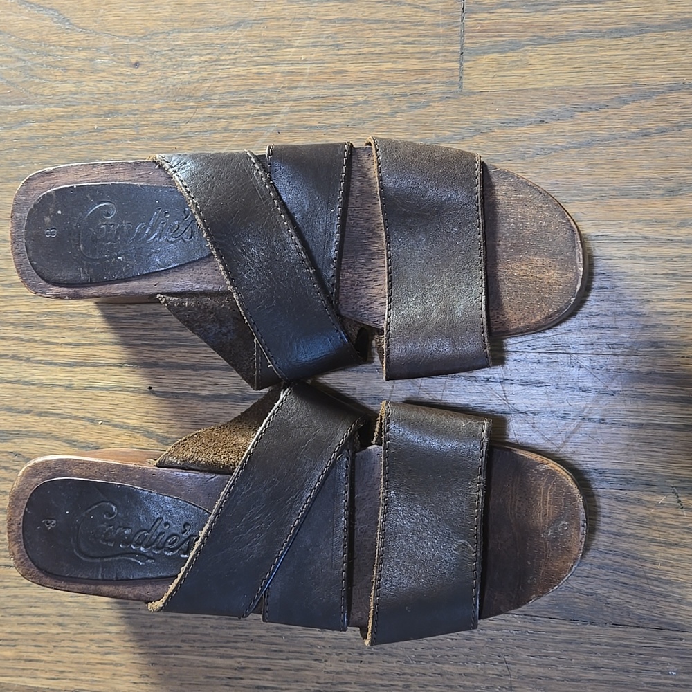 Vintage Candie's Dark Brown Leather Wooden Sole Sandals